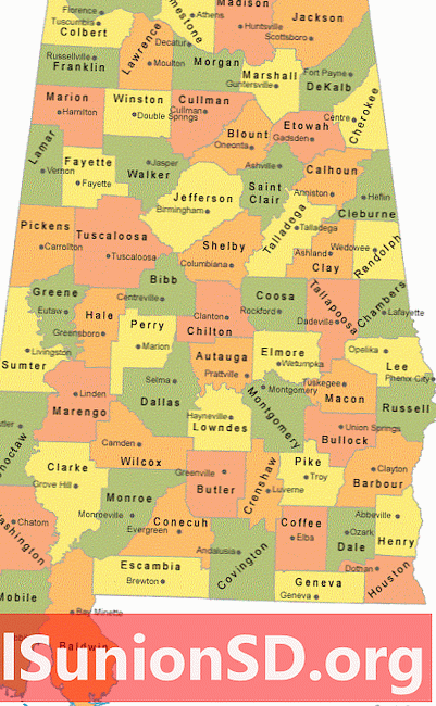 Mappa della contea di Alabama con le città capoluogo di contea