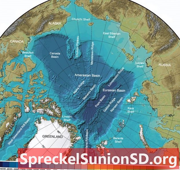 Карта на морското дъно на Северния ледовит океан: дълбочина, рафтове, басейни, хребети