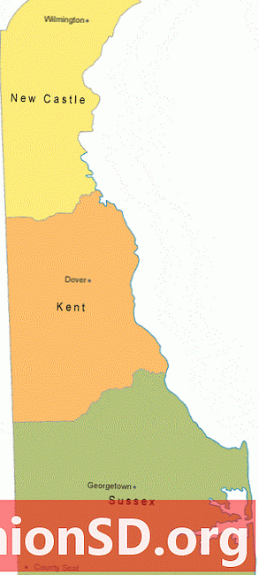 מפת מחוז דלאוור עם ערי מושב מחוז
