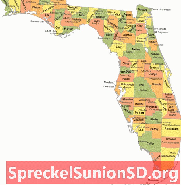 काउंटी सीट शहरों के साथ फ्लोरिडा काउंटी मानचित्र