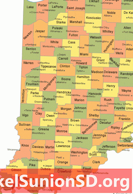 Indianos apskrities žemėlapis su apskrities sėdynės miestais