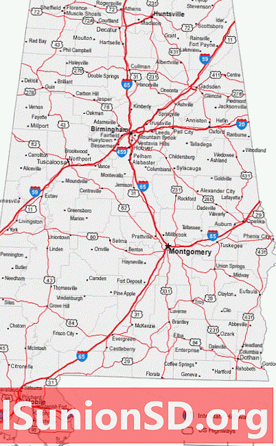 Kart over byer og veier i Alabama
