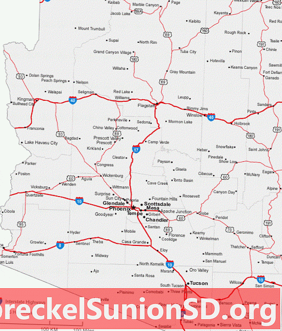 Mapa das cidades e estradas do Arizona