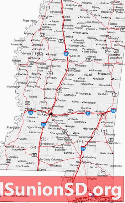 Mapa das cidades e estradas do Mississippi