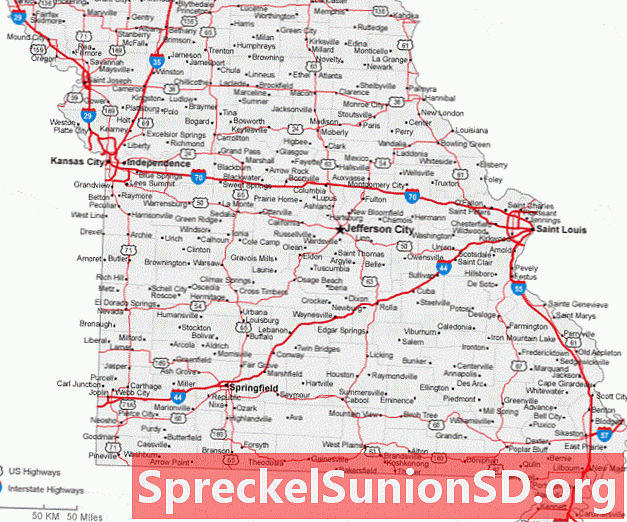 מפה של ערים ודרכים במיזורי