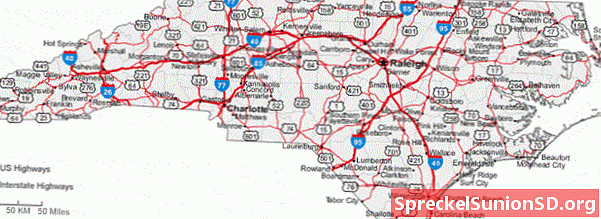 Észak-Karolina városok és utak térképe