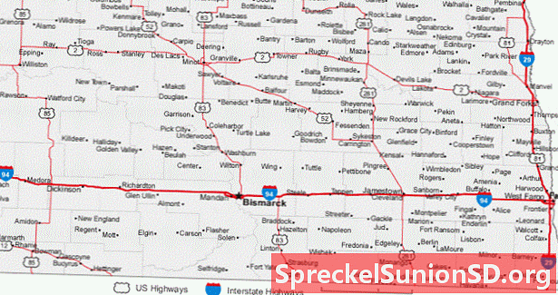 Kartta Pohjois-Dakotan kaupungeista ja teistä