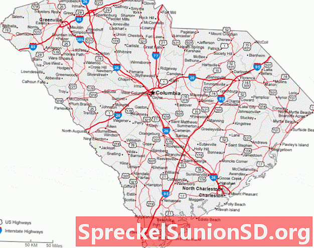 Mapa de ciudades y caminos de Carolina del Sur