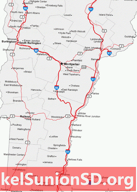 Vērmontas pilsētu un ceļu karte