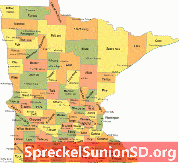 Karta okruga Minnesota s gradovima županijskih sjedišta
