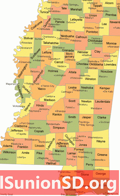 Peta Daerah Mississippi dengan County Seat Cities