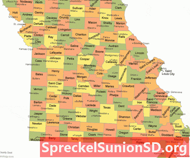 Karta okruga Missouri s gradovima županijskih sjedišta