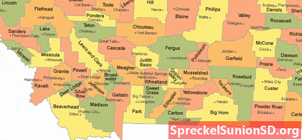 Mappa della contea del Montana con le città del capoluogo di contea