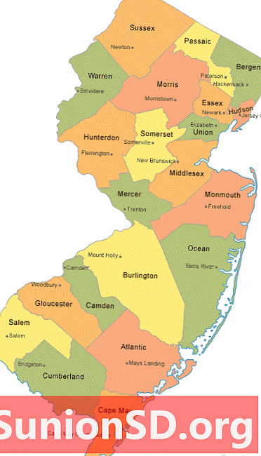 Naujojo Džersio grafystės žemėlapis su grafų sėdynės miestais