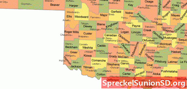 Zemljevid okrožja Oklahoma z mesti okrožnih sedežev