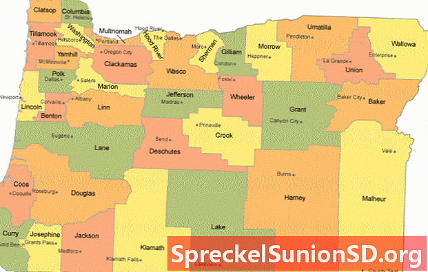 काउंटी सीट शहरों के साथ ओरेगन काउंटी का नक्शा