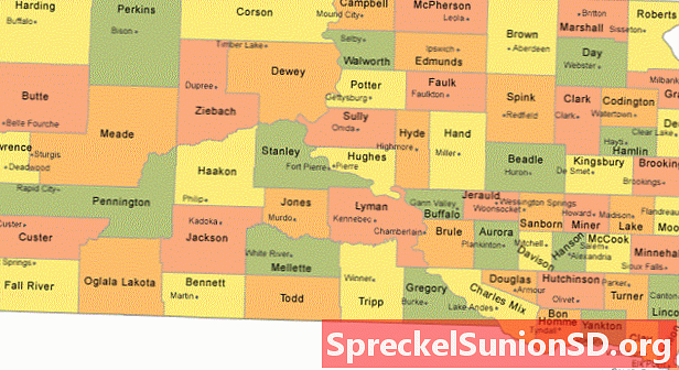 کاؤنٹی نشستوں والے شہروں کے ساتھ ساؤتھ ڈکوٹا کاؤنٹی کا نقشہ