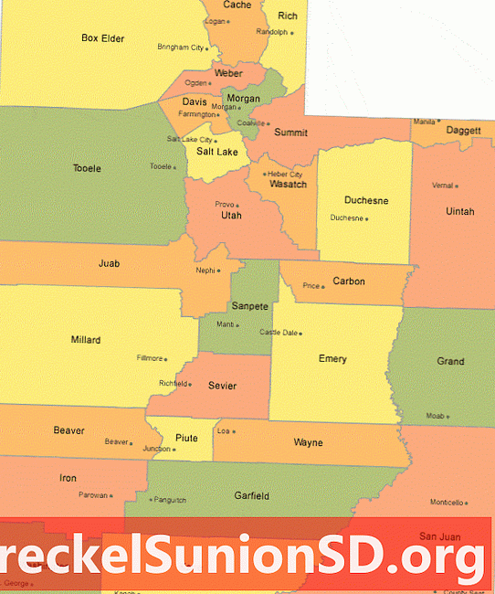 Zemljevid okrožja Utah z mesti okrožnih sedežev