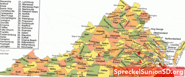 Virdžīnijas apgabala karte ar grāfistes sēdekļa pilsētām