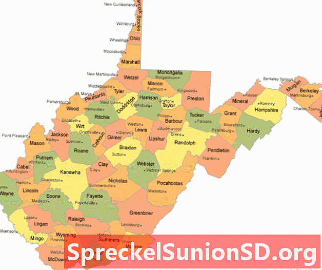 Mapa do Condado de West Virginia com cidades com sede no condado